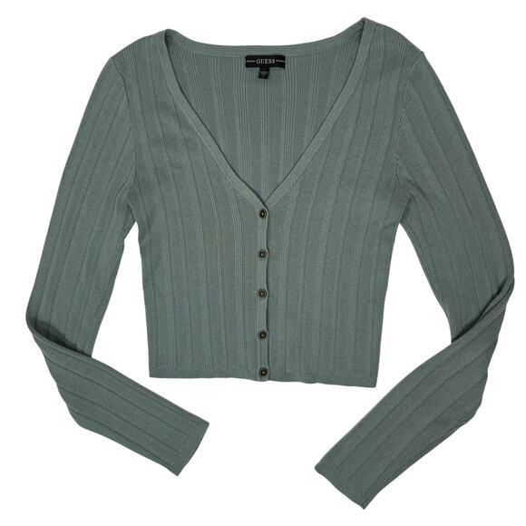 Guess Ribbed Crop Cardigan Sweater Women’s L Grey Olive Stretch Long Sleeve - Picture 2 of 7